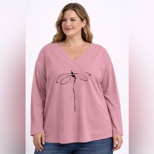 COZY Pink V-Neck Dragonfly Graphic Top XL NWT (A432)